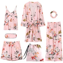 7 шт. костюм халат Цветочный Сексуальная домашняя пижама для женщин хлопок размера плюс Ночная одежда осенняя Пижама Femme домашний халат для сна
