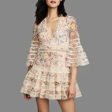 Новинка, платье для автопортрета, женское платье высокого класса с цветочной вышивкой, кружевное платье с v-образным вырезом, богемное пляжное платье Vestidos