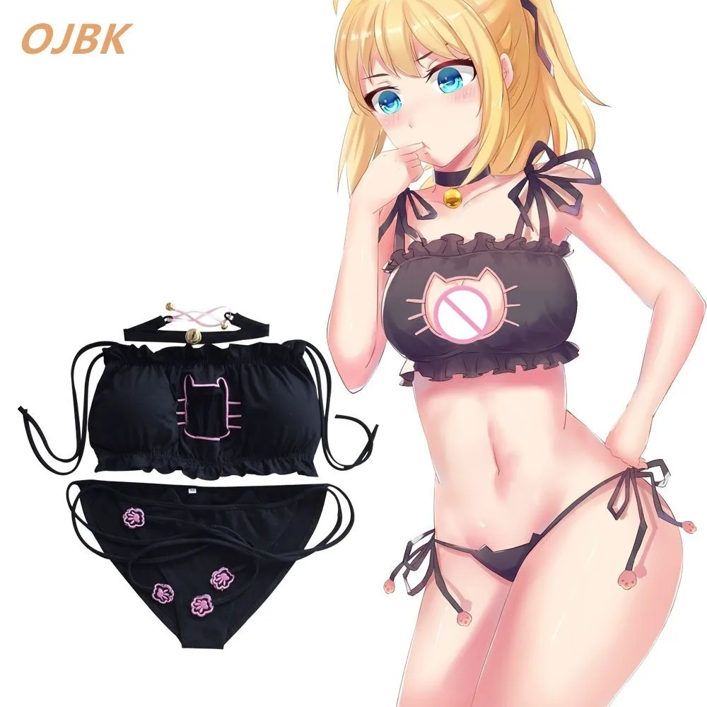 

OJBK Women's Cosplay Lingerie Set Perforation Embroidery Lovely Underwears Underpants Suit Kitten Keyhole Cute Sexy Outfit