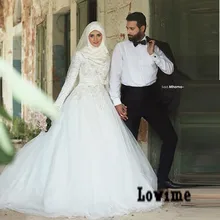 Long Sleeves Muslim Wedding Dress with Sash Appliques Beads Hijab Bridal Dresses Saudi Arabic Wedding Gowns Robe De Mariee