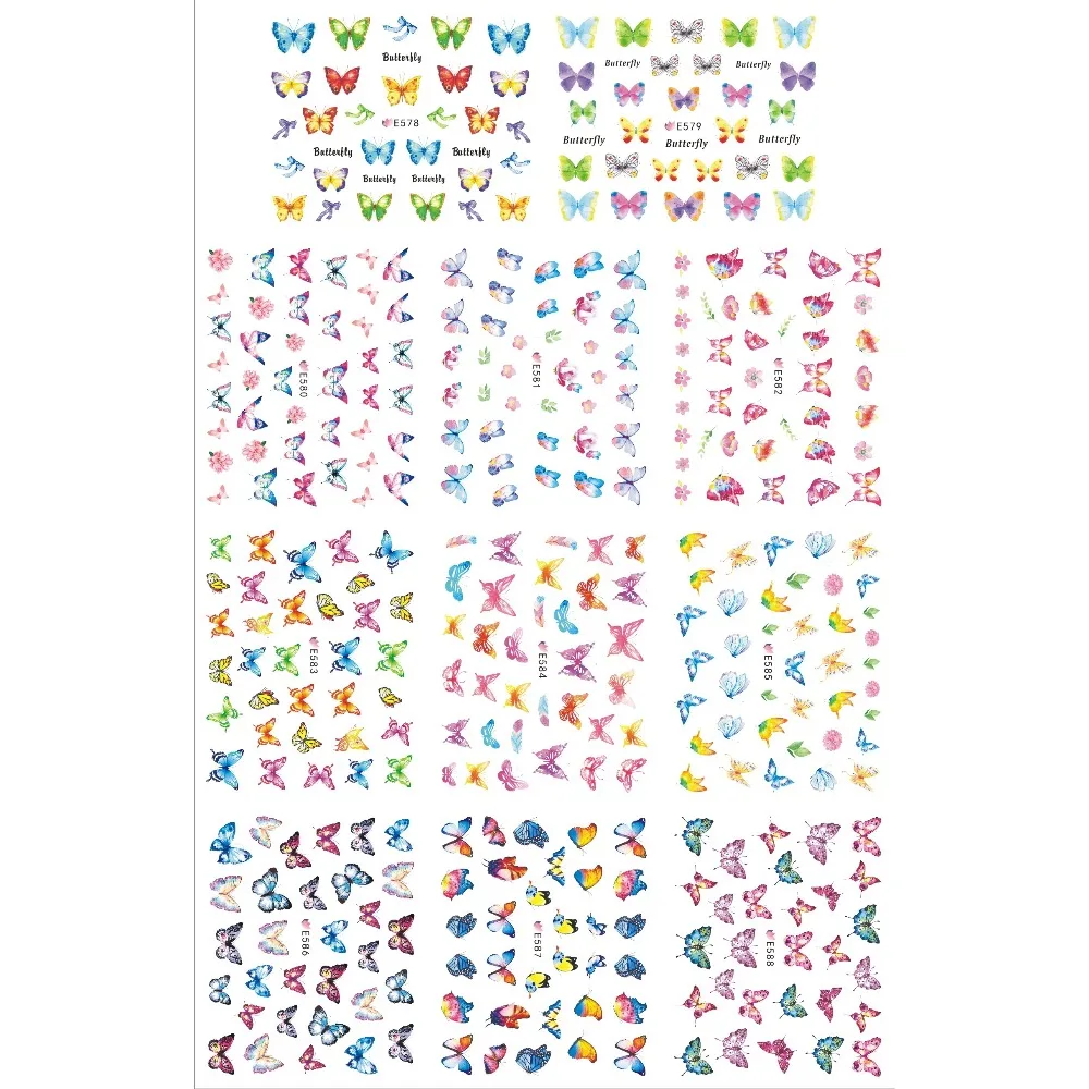 

11 PCS / LOT SIMULATION EMULATION SELF-ADHESIVE 3D NAIL TATTOOS STICKER CARTOON COLORFUL BUTTERFLY E578-588