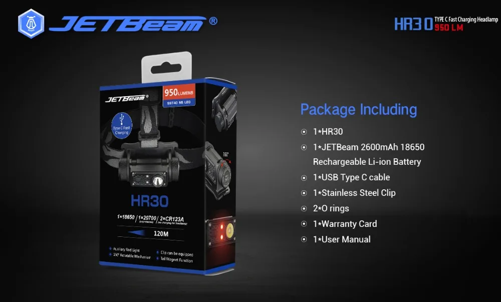 JETBeam HR30 CREE фары SST40 N5 светодио дный фонарик с USB кабель 1*18650 Батарея