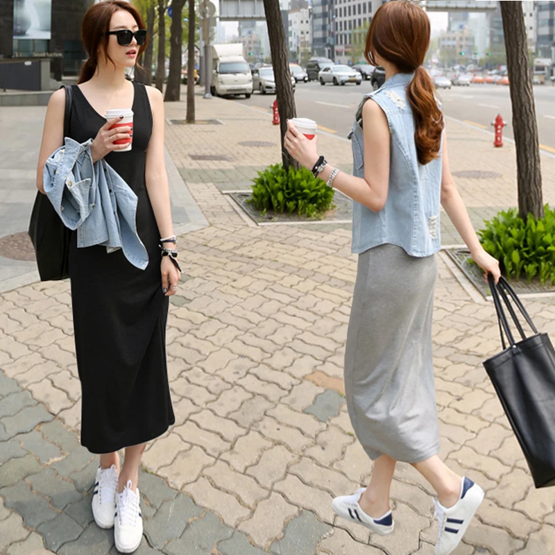 

2019 Summer New Fashion Women's Long Dress Casual O-neck Sleeveless Loose Dresses Elegant Beach Dress Solid Dress Womens