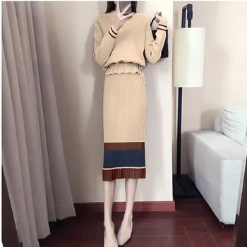 

2018 Autumn Winter Warm Knitted Suits O-Neck Loose Pullover Sweater Pencil Skirts 2 Piece Set Solid Sweater Knit Set