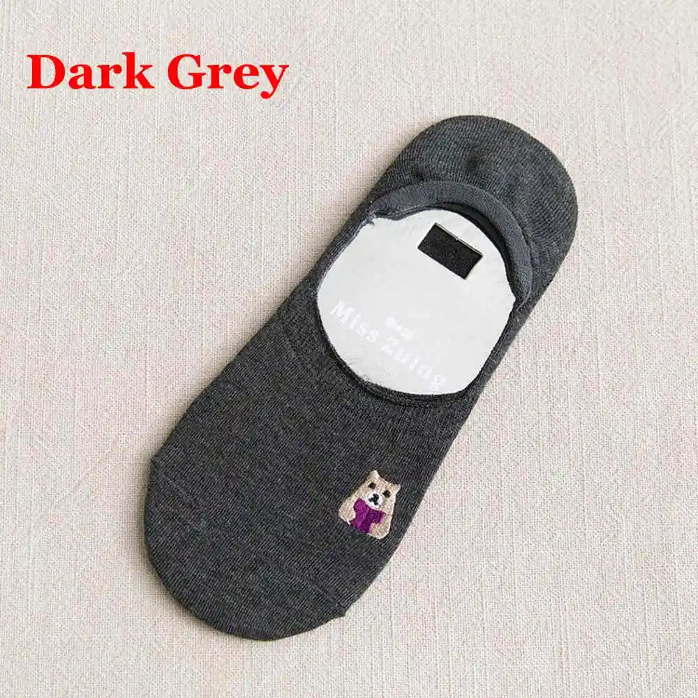 Японский Harajuku животных Вышитые мультфильм носки женские летние хлопковые нескользящие силиконовые неглубокие невидимые укороченные носки - Цвет: Dark Grey