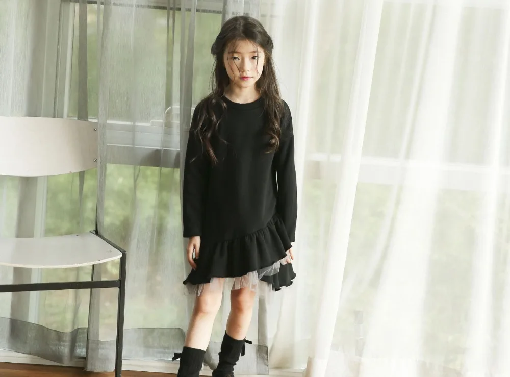 new 2018 mesh patchwork teenage girls long sleeve dresses for kids autumn winter black ruffles sweatshirt dress children clothes (9)