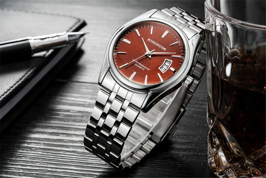 KINGNUOS мужские часы ремешок для часов из нержавеющей стали наручные часы Бизнес Мужские часы с календарем брендовые кварцевые часы для мужчин t Hour Time Relogio
