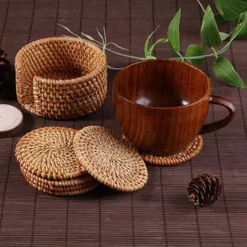 

6pcs/lot Creative drink Coasters set for kungfu tea accessories round tableware Placemat Dish mat Rattan Weave cup mat pad