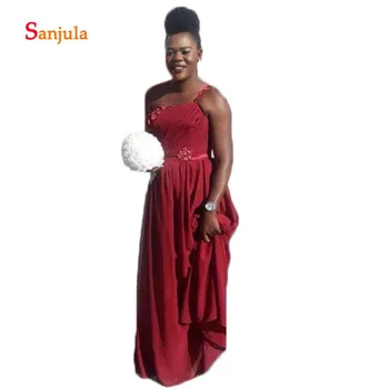 

One Shoulder Burgundy Chiffon Bridesmaid Dresses Pleats Beaded African Wedding Party Dresses vestidos de boda invitados D540