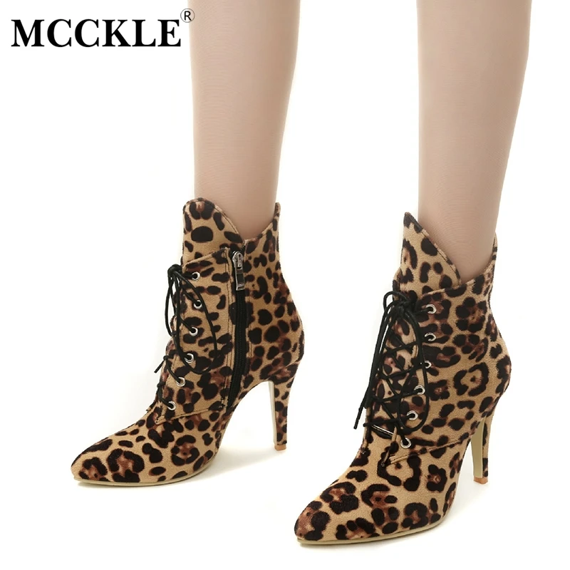 

MCCKLE Plus Size Women Fashion Sexy Stiletto Ankle Boots Winter Female Suede Pointed Toe Leopard High heels Pumps Shoes