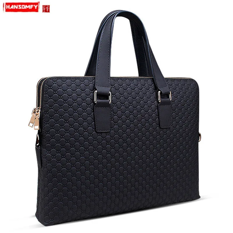 

New genuine leather men handbag business briefcase cross section shoulder diagonal Blue/Black bag male 14" Laptop Messenger Bags