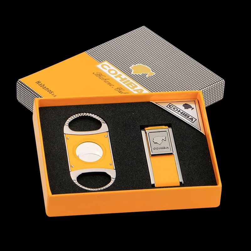 

High-grade Yellow Gadgets Cigar Lighter and Sharp Metal Cigar Cutter Cigar Gift Set W/ Original Goft Box CO09