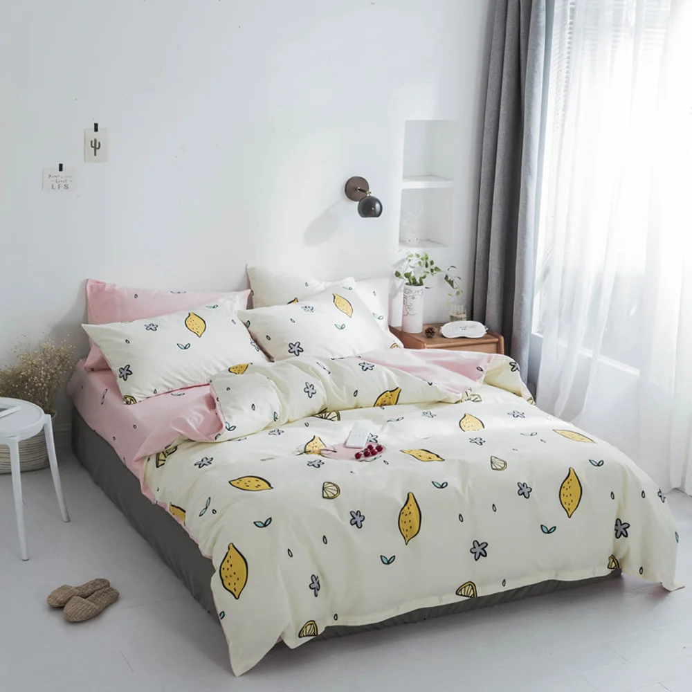 

Papa&Mima Small lemon print bedding set100% Cotton Queen size flat sheet pillowcases duvet cover sets dropshipping