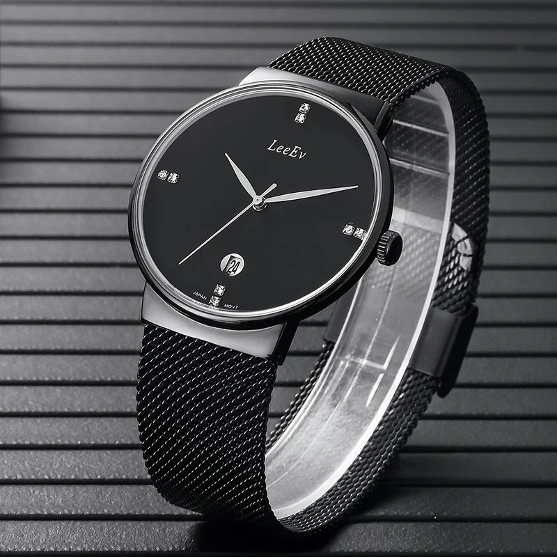 

LeeEv Brand Simple Stainless Steel Mesh Strap Japan Quartz Watches for Men Fashion Thin Dial Man Wristwatch Black Watch