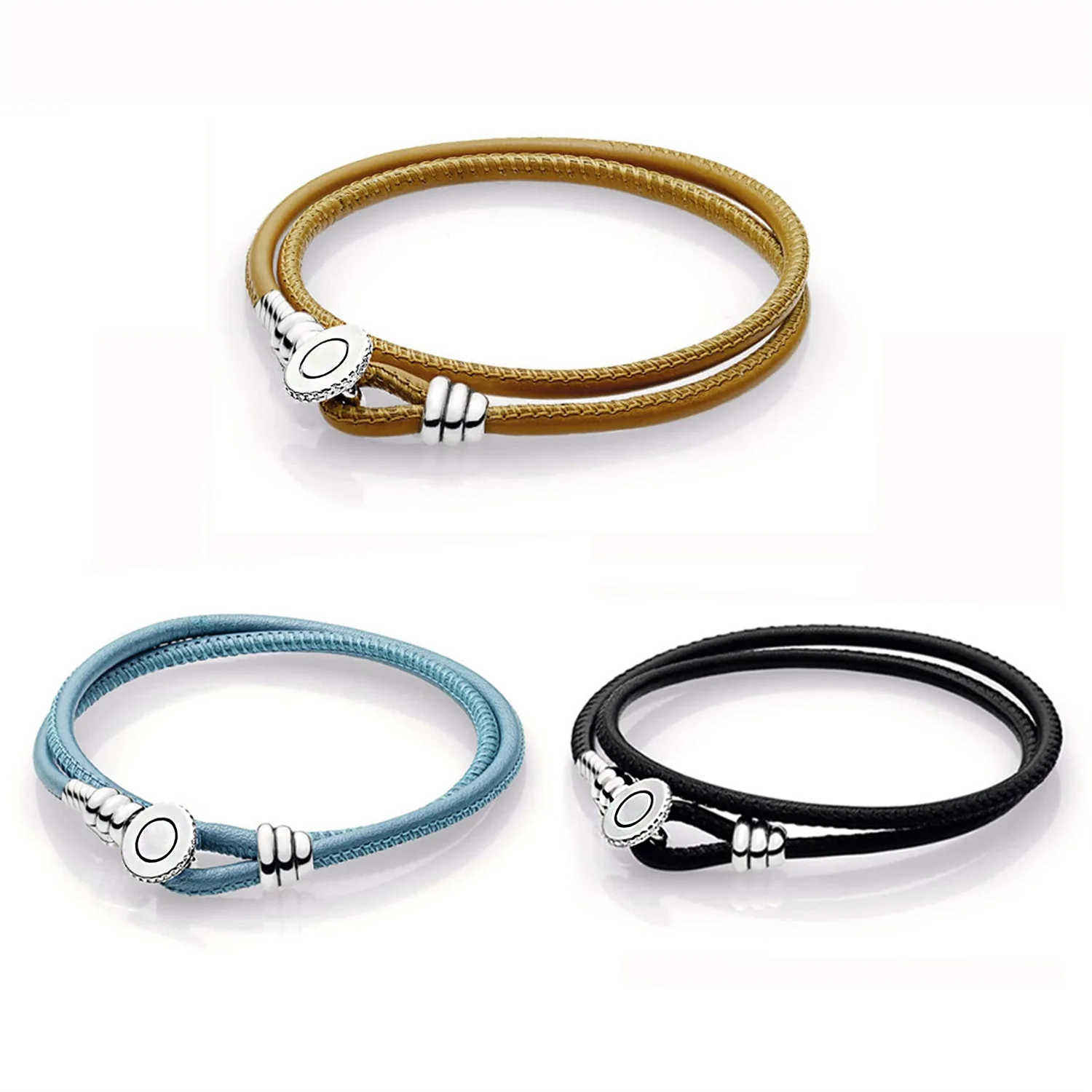 

925 Sterling Silver Multicolor Double Leather With Logo Button Clasp Pan Bracelet Bangle Fit Bead Charm Diy Jewelry