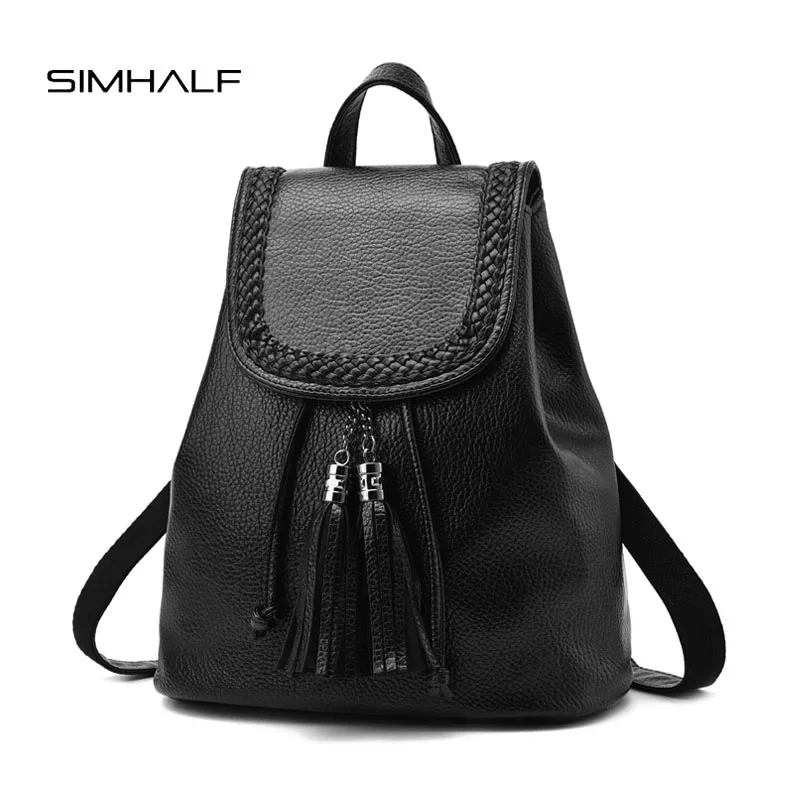 SIMHALF Tassel women leather backpack teenage backpacks for girls vintage feminine backpack school bags sac a