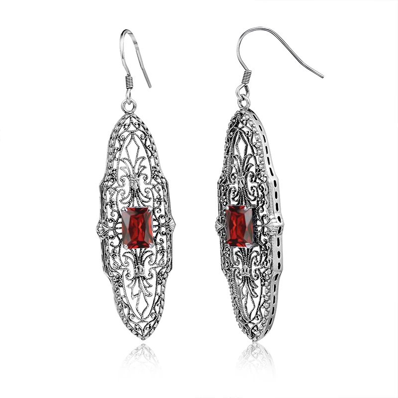 

925 Sterling Silver Earring for Women Fashion Jewelry Retro Female Eardrop Lab Ruby Emerald Precious Stone Wedding Party Earring