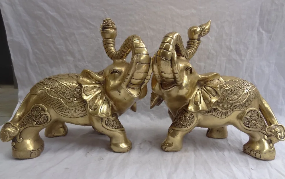 

bi001990 13" Chinese Brass Wealth Coin RuYi Flower Elephant Heffalump Brass Statue Pair
