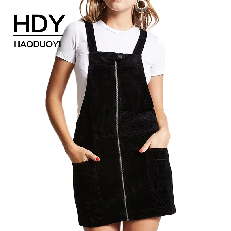 

HDY Haoduoyi Brand Black Corduroy Strap Dresses Women Sleeveless Zipper Front Casual Preppy Style Backless Vestidos Lady