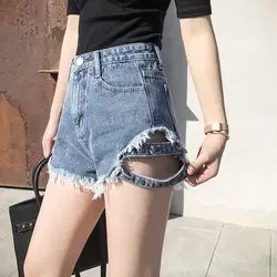 Летние шорты 2019 сторона с прибитыми джинсовые шорты женские свободные рваные с высокой талией джинсы женские широкие брюки были тонкие
