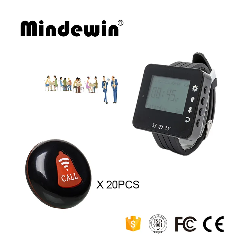 

Mindewin 433MHz Pager Restaurant Wireless Waiter Call System 1PCS Watch Pager M-W-1 and 20PCS Table Call Button M-K-1