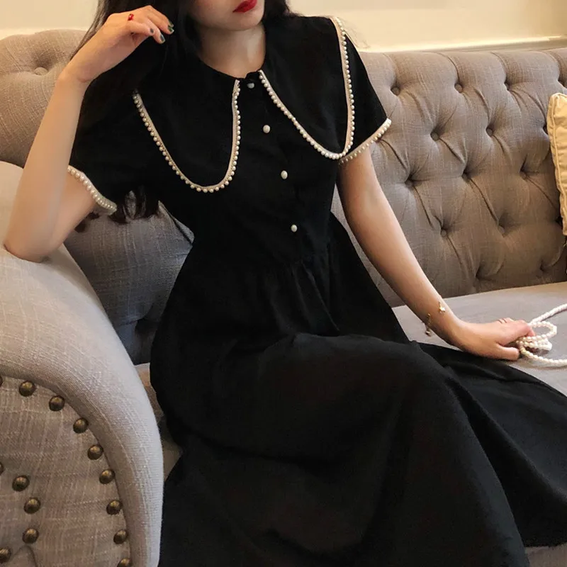 

Recommend! Little Black Dress Elegant Lady Midi Dress a Line Buttons White Lace Trim Robe Femme Vestido Mujer Vestiti Donna