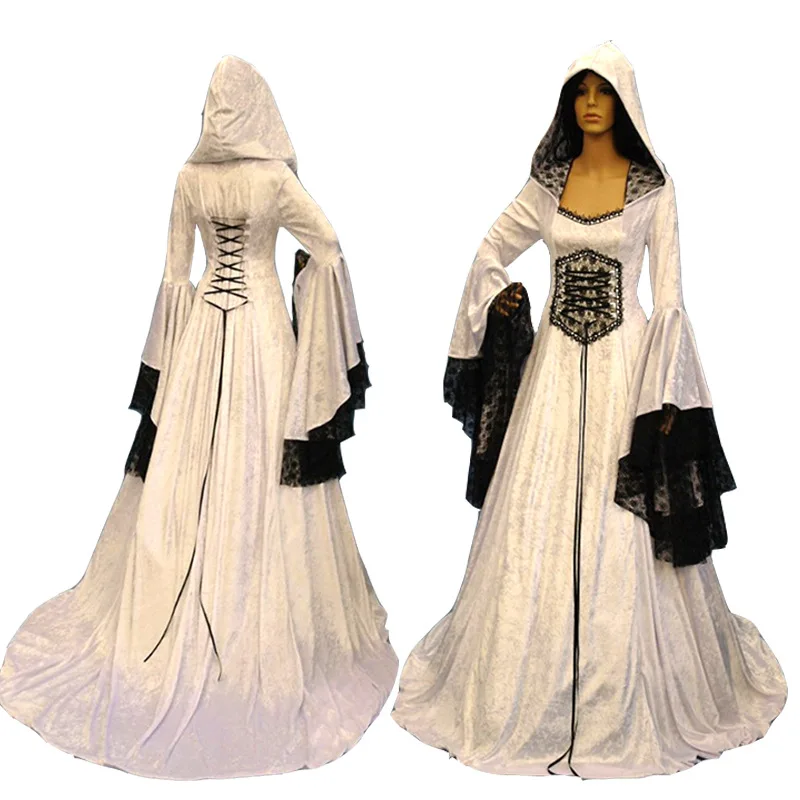 

Adult Women Medieval Wedding Maxi Gown Robe Dress Vintage White Gothic Pagan Costume Hooded Lace Dress For Ladies S-2XL