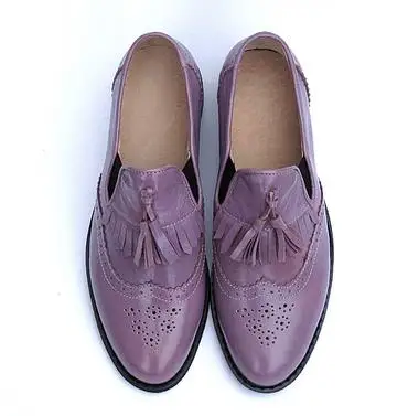 FOOT POLE BEAUTY Брендовая женская обувь повседневные туфли с круглым носком на плоской подошве однотонные женские лоферы с бахромой женские оксфорды на плоской подошве мокасины - Цвет: Purple Oxford