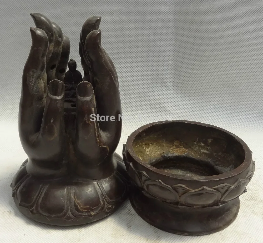 

bi00742 8" Tibet Bronze Sahakyamuni Buddha Hand Statue Box Lotus Incense Burner Censer