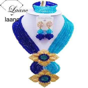 

Laanc Fashion Royal Blue Lake Blue African Bead Jewelry Set for Women Nigerian Wedding Necklace 6CHLK032