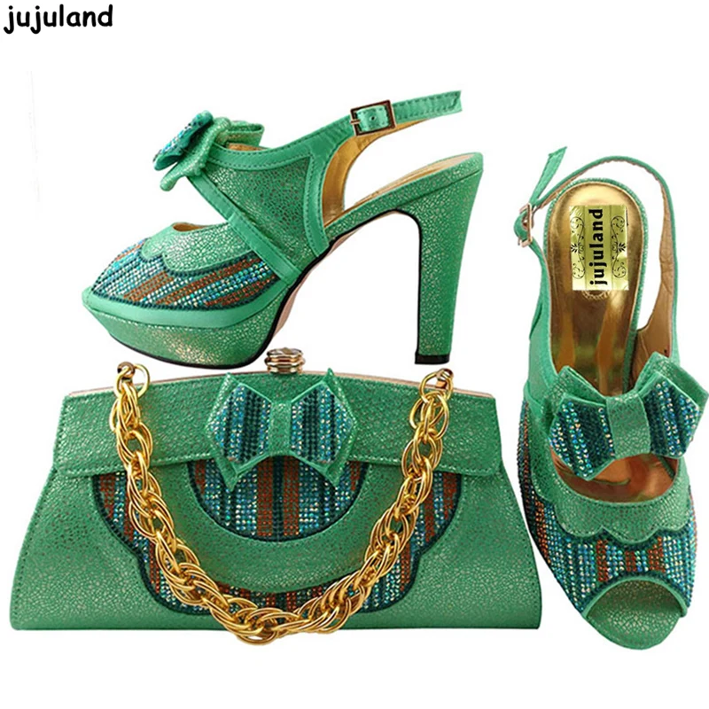 Latest Water Green Color Matching Women Shoes and Bag Set Decorated with Rhinestone African