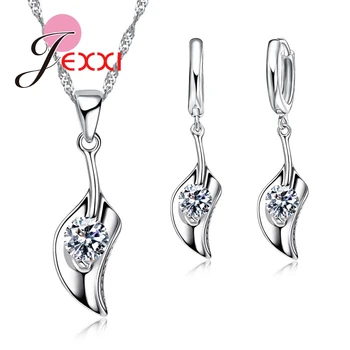 

Fashion 925 Sterling Silver Jewelry Set CZ Crystal Flower Pendants Design Necklace Earrings For Women/Girls Free Shipping