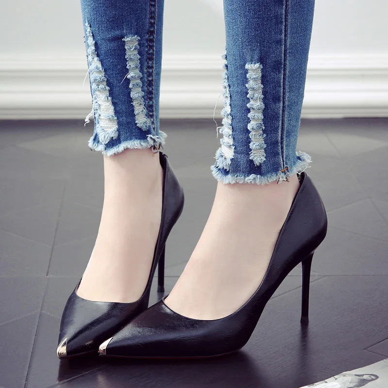 

Fashion Women Pumps Leather Shoes Women High Heels Woman Party Shoes Office Ladies Shoes Super High Thin Heel Black White TB050