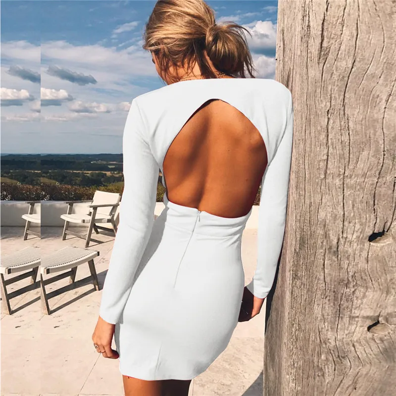 

FairyShely 2019 Autumn Back Deep V Neck Mini Bodycon Dress Women Sexy Long Sleeve Backless Club Celebrity Evening Party Dress