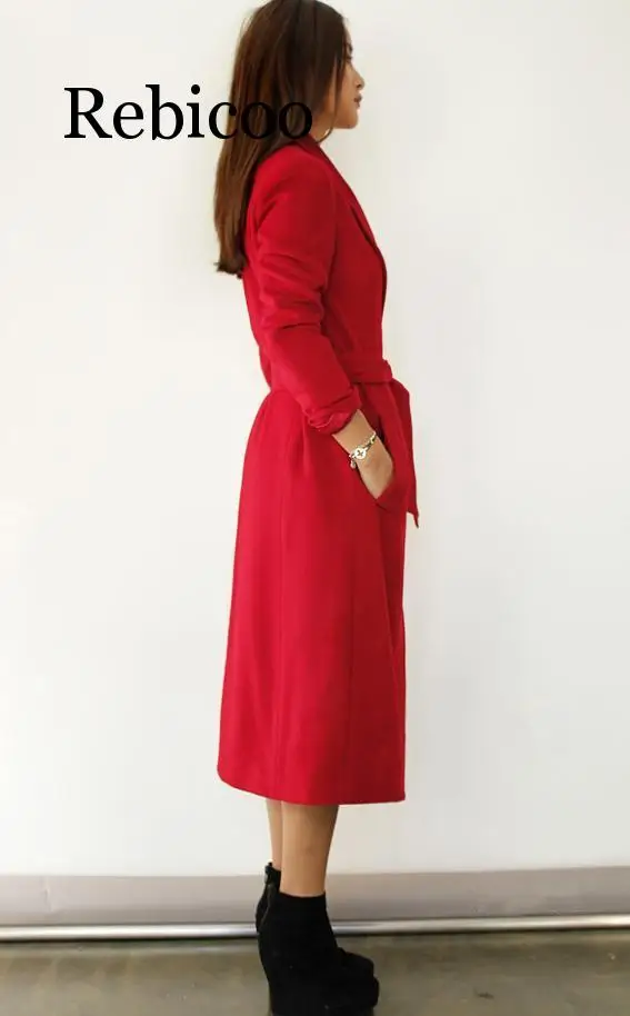 Newest UK 2019Fall / Winter Women Woolen Robe Belted Robe Coat Simple Notched Lapel Red Black Oversized Overcoat
