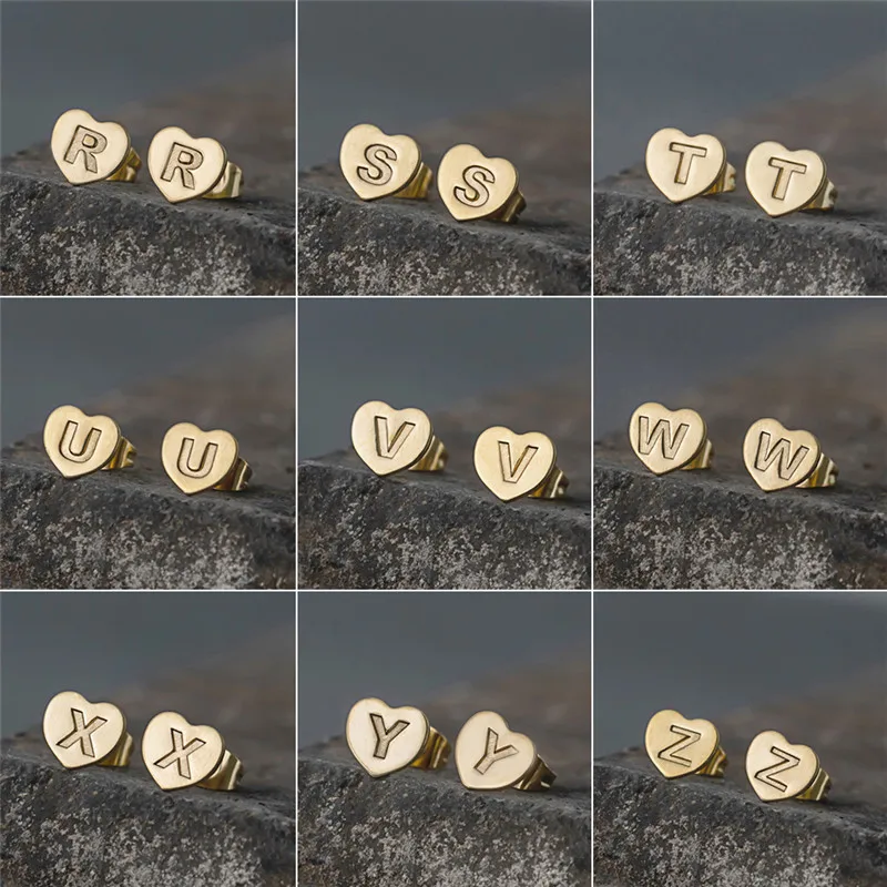 

New Fashion Cute Heart 26 Letter Gold stainless steel Stud Earring Set Minimalist Earring for Women Gift Jewelry Wholesale 2019