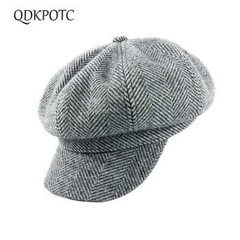 

QDKPOTC 2018 Autumn And Winter New Wool Blend Newsboy Cap High Quality Beret Retro Striped Octagonal Hat for Men Women Hats
