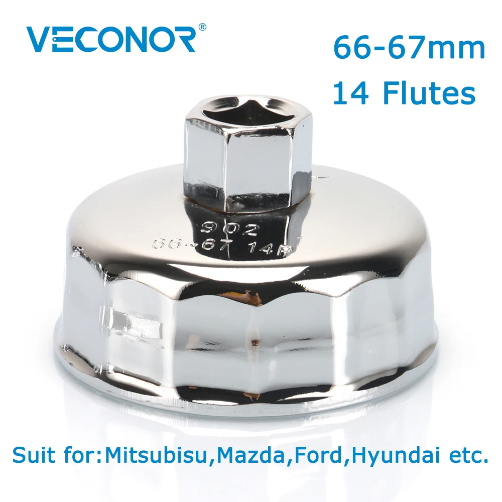 Veconor 1/2" Square Dr. Steel 66mm-67mm Oil Filter Wrench Cap Housing Tool Remover 14 Flutes Universal For Mitsubisu Mazda Ford