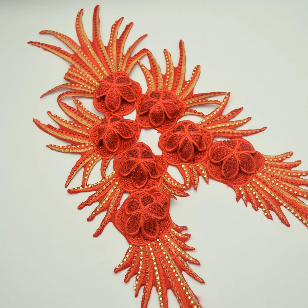

2PCS Red Luxurious Hot Fix Craft Rhinestones African Neckline Lace Collar Embroidery Sewing Appliques size:50*31cm