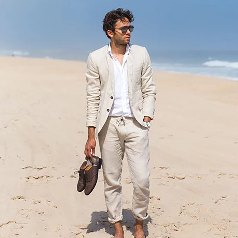 

New Arrival Designs Beige Beach Linen Men Suit Slim Fit 2 Piece Tuxedo Custom Blazer Groom Prom Suits Masculino Jacket+Pants