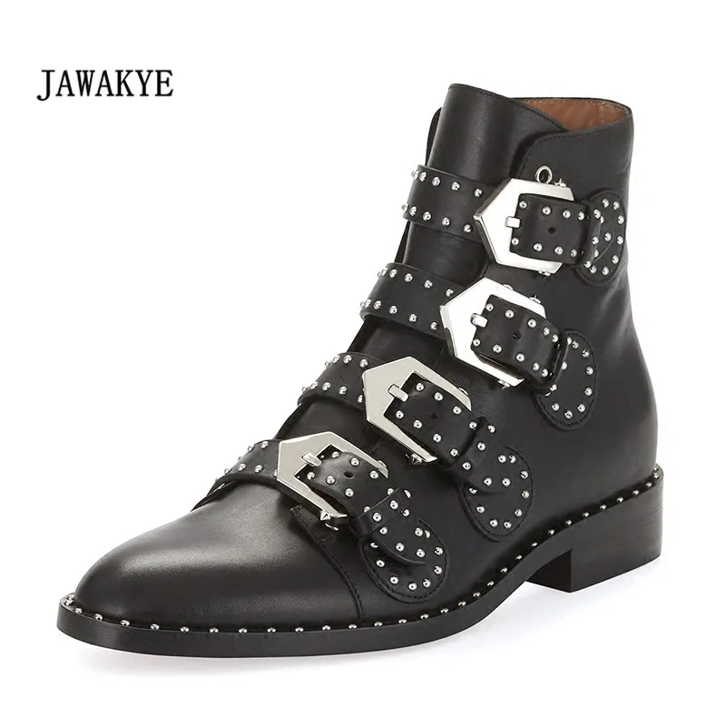 2017 Black Real Leather Martin Boots Women Pointed Toe Metal Rivet Belt Buckle Motorcycle Boots Woman Fashion Ankle Boot JAWAKYE