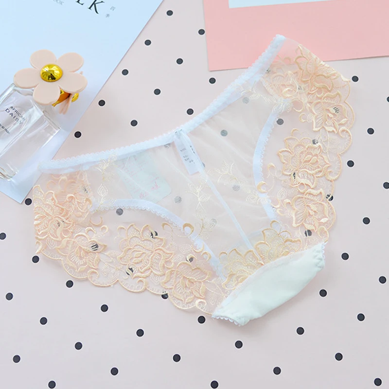 DERUILADY Lace Embroidery Transparent Panties Seamless Lace Sexy Net Yarn Panties Low waist within Temptation Underwear Women