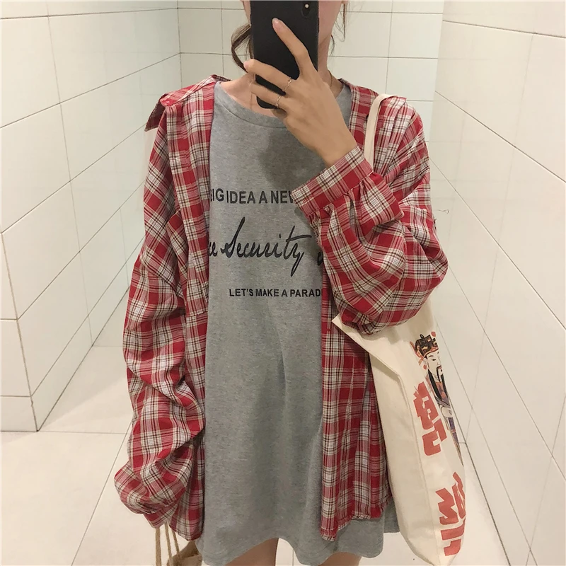 

Lady Loose Retro Puff Sleeve Plaid Shirt Women's Shirts Lady Kawaii Ulzzang Female Ins Punk Harajuku Tunic For Women