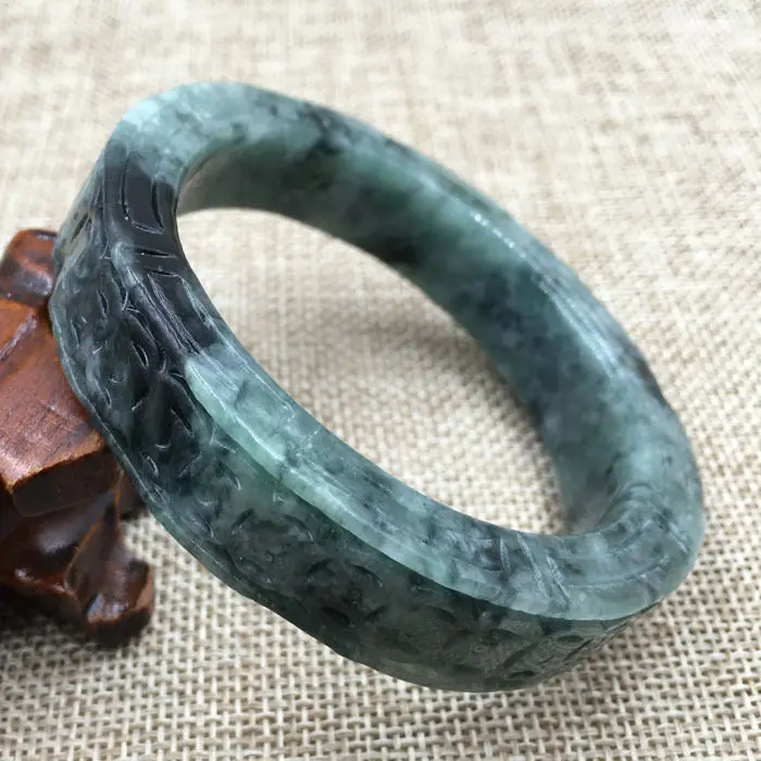 

A-792 Vintage Chinese Hand-carved Black Green Jadeite Jade Bangle Bracelet 58mm 28% 10.13