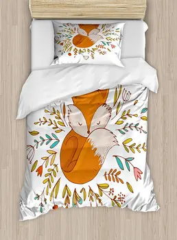 

Cartoon Duvet Cover Set , Cute Baby Fox Sleeping in a Floral Made Bed Circle Art Print, 4 Piece Bedding Set