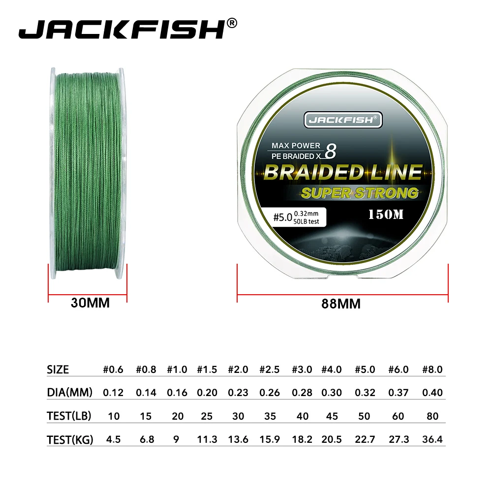 JACKFISH 8 السواحل 150 M سوبر قوية صنارة صيد بولي ايثيلين مجدول 10-80LB المتعددة الشعيرات خيط صنارة الصيد الكارب الصيد المياه المالحة