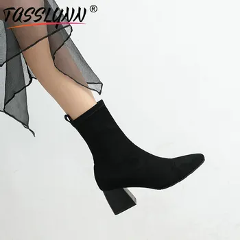 

TASSLYNN 2019 Boots for Women Mid-Calf Slip-On Pointed Toe Square Heel Winter Women Faux Suede Slim Boots Size 34-40