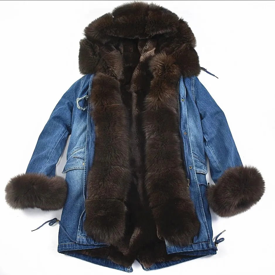 Женская куртка из натурального Лисьего меха, натуральный Лисий мех, джинсовое пальто средней длины, осенние и зимние вечерние, модные - Цвет: blue