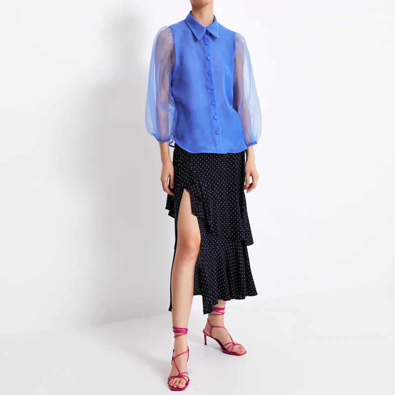 YNZZU 2019 جديد وصول بلون بلوزة بدوره إلى أسفل طوق غير النظامية النساء قمصان فضفاضة السببية مطاطا السيدات قمم YT614