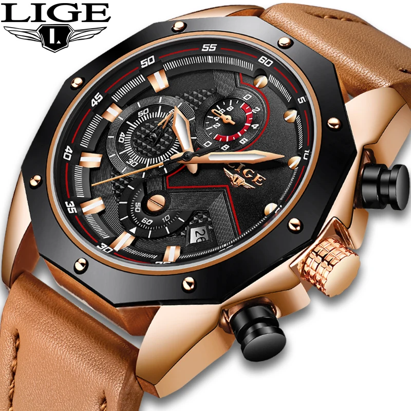 

LIGE Fashion Mens Watches Top Brand Luxury Quartz Gold Watch Men's Leather Casual Waterproof Sports Wristwatch Relogio Masculino